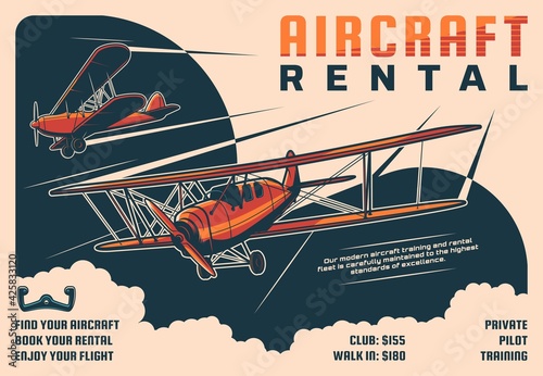 Rental aircraft tours, private pilot school retro poster. Historical propeller airplanes, flying in clouds vintage biplanes engraved vector. Aviation club, flying instructor classes promotion banner