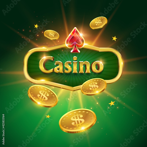 Casino logo on a green background. Flying gold coins, glitter and glare of light. Vector illustration