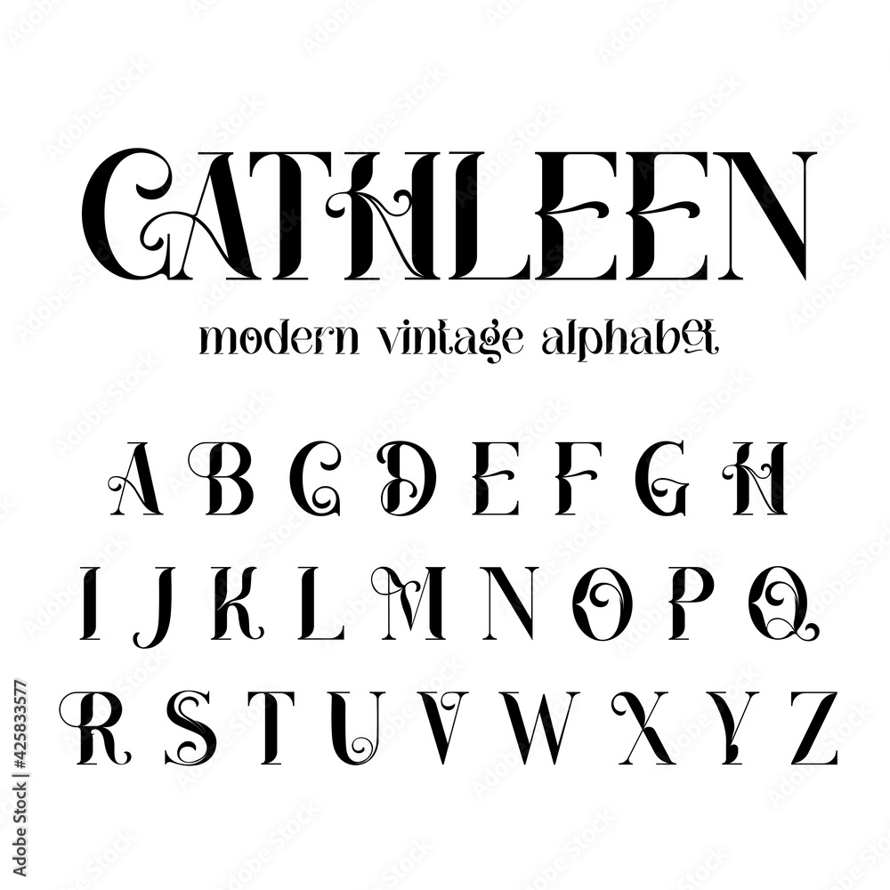 Vintage decorative font - Cathleen. Retro typerface. Elegance serif alphabet. Vector font for label, branding, tags, t-shirt, alcohol bottle.