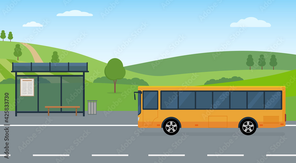 Rural landscape with road, bus stop and moving bus. Concept of public