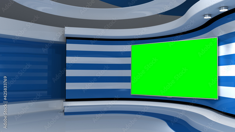 Blue stripes background. White stripes background. Tv studio. Green Screen. 3d rendering Stock