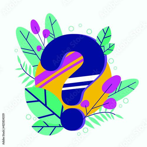 question mark with green leaves.web illustration in flat design.isolated on white background.