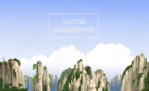 Chinese mountains panoramic landscape with big clouds. Realistic hand-drawn vector background. Travel to China.