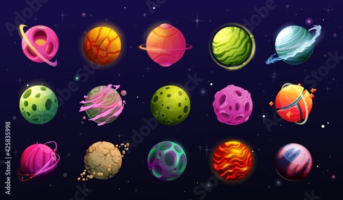Space planets, cartoon fantasy alien galaxy. Game, ui or gui interface elements. Fantastic world universe planets, asteroids and halo on orbits, craters, rings and magma on sky with stars, meteors