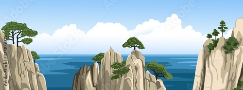 Chinese rocks with a trees on top. Ocean landscape, seascape with mountains in water and fluffy clouds in blue sky. Vector flat illustration