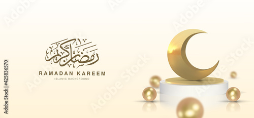 Luxury Ramadan Kareem promotional banner or background template vector design With 3d Realistic golden crescent moon standing on podium with pearls. 