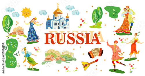 Russia. Russian folk art. Collection of Russian national costumes, attributes, isolated on white background - balalayka, birch tree, women in a sundress.  Vector illustration.