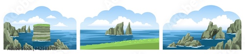 Collection of seascapes with rocks, cliffs, stones, coastlines, coasts, mountains and blue sky with fluffy clouds. Colorful beautiful scenery. Vector illustration