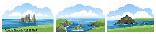 Set of sea landscape panoramic views. Rocks, cliffs, stones, coastlines, coasts, mountains and blue sky with fluffy clouds. Colorful beautiful scenery. Vector illustration
