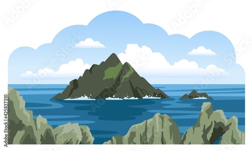 Skellig michael irish rock. Skellig Islands, County Kerry. Sea and ocean panoramic landscape. Travel to Ireland. Hand-drawn colorful vector illustration