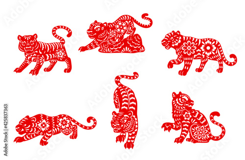 Zodiac tiger animal papercut vector icons of Chinese horoscope. Red papercut horoscope symbols of wild tigers , decorated with oriental paper ornaments, Lunar calendar and astrology signs