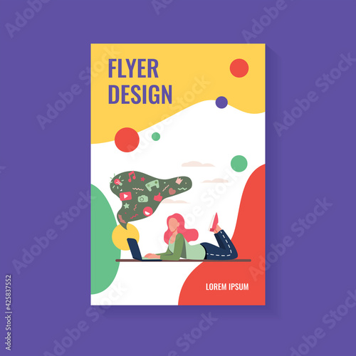 Girl suffering from internet addiction. Woman using laptop, bubble with social media signs messy flat vector illustration. Online communication concept for banner, website design or landing web page