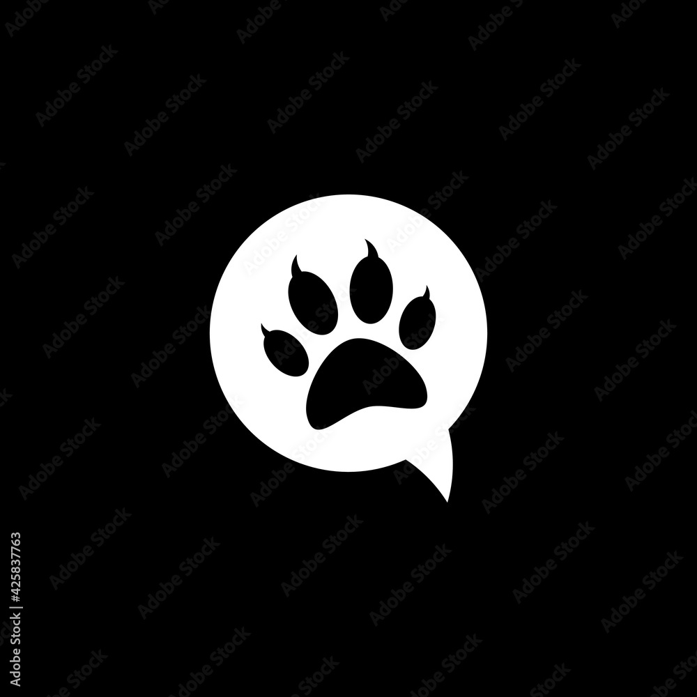 Dog paw speech bubble symbol isolated on dark background Dog paw speech bubble symbol isolated on dark background