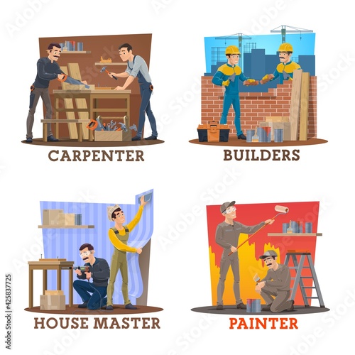 Construction industry workers. Carpenters in workshop, bricklayers laying a wall, painter worker and wallpapering, furniture assembler. House repair and apartment renovation