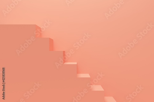 Coral room with stairs and wall. Side view. Backdrop design for product promotion. 3d rendering