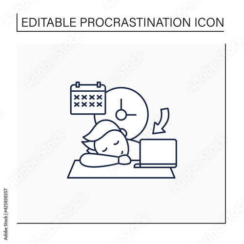 Crisis marker procrastinator line icon.Laziness. Defer Task. Sleep at workplace. Working on stressful situation.Procrastination concept. Isolated vector illustration.Editable stroke