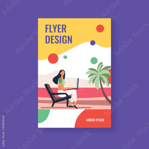 Female freelancer working via laptop on sea beach. Recreation, job, vacation flat vector illustration. Freelance and digital technology concept for banner, website design or landing web page