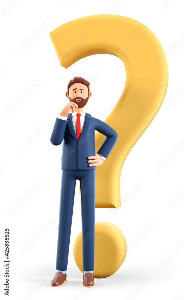 3D illustration of thinking man standing with a huge question mark. Cute cartoon pensive businessman solving problems, feeling doubt or hesitation. Searching and finding solution concept. 3D illustration of thinking man standing with a huge question mark. Cute cartoon pensive businessman solving problems, feeling doubt or hesitation. Searching and finding solution concept.