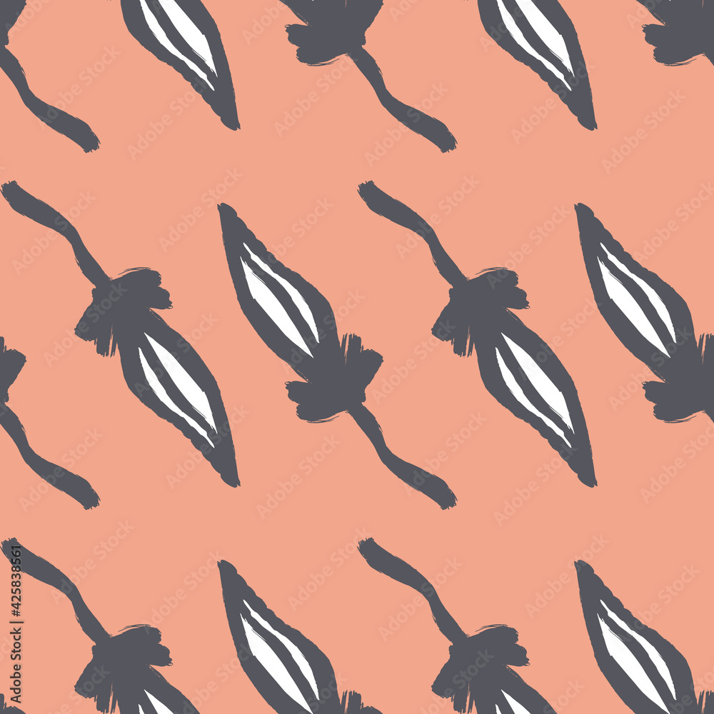 Scrapbook seamless pattern with navy blue contoured leaves elements. Pink pastel pale background.