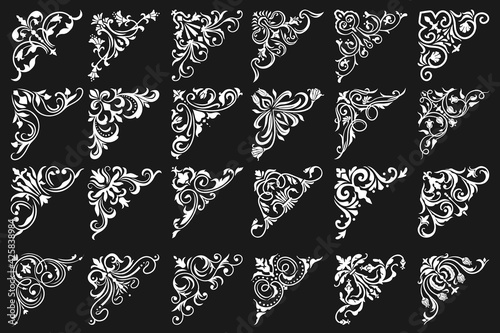 Floral corners and frame borders, vintage ornament and ornate victorian embellishments, Floral corners decoration and filigree flourish swirls, black and white floral adornments