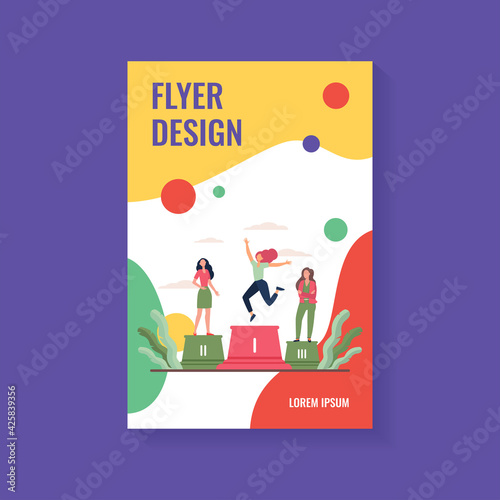 Three leaders standing on podium. Winner celebrating success, second and third place flat vector illustration. Competition, prize, success concept for banner, website design or landing web page