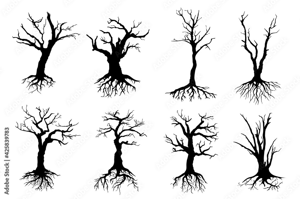 Dead trees isolated vector black silhouettes. Dry wood with no leaves, naked branches and long roots, nature ecology problems, winter or autumn season plants with rough barks, dead forest icons