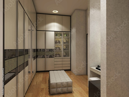 Fotografie modern fitting room interior with wardrobe clothes