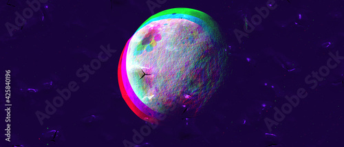 Fantasy damaged glitch planet on purple shiny background, 3D illustration of illusion cosmos paper