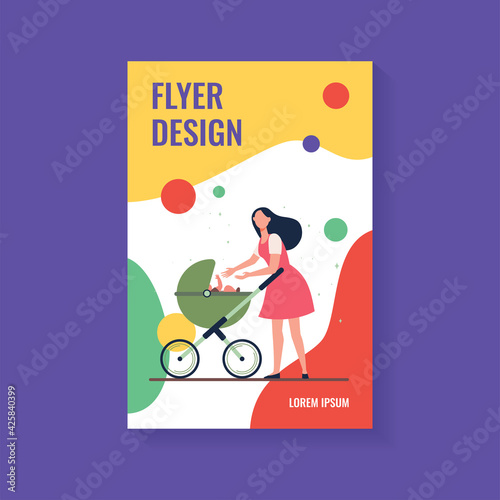 New mom walking with stroller. Mother reaching hands to baby in pram flat vector illustration. Love, motherhood, childcare concept for banner, website design or landing web page