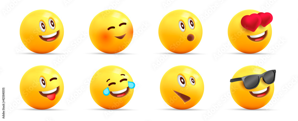 Smiley face 3d icons or yellow emojies with dofferent happy expressions, spheric characters loaughing, in love and cool Smiley face 3d icons or yellow emojies with dofferent happy expressions, spheric characters loaughing, in love and cool