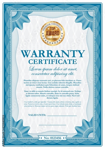 Warranty certificate with guilloches, vector wavy ornamental border. Official top award frame with golden stamp and place for valid date and signature. Paper document for company appreciation