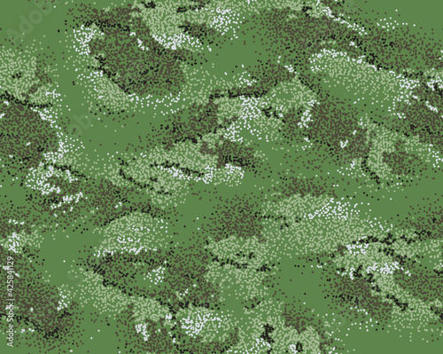 Woodland camouflage seamless pattern. Splash (sprayed) texture. Green, brown, gray, black and khaki color.