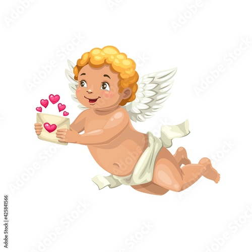 Cupid with love letter vector character, cartoon angel of Valentines Day. Amur or Cherub with romantic message in envelope with red hearts, 14 February Valentines Day holiday greeting card object
