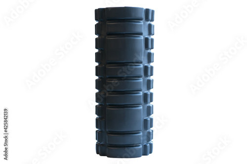 Black foam roller isolated on a white background. Gym equipment. Rehabilitation. Massager. Sport. Muscle. Healthcare. Roll. Relaxation. Fitness. Leisure. Activity photo