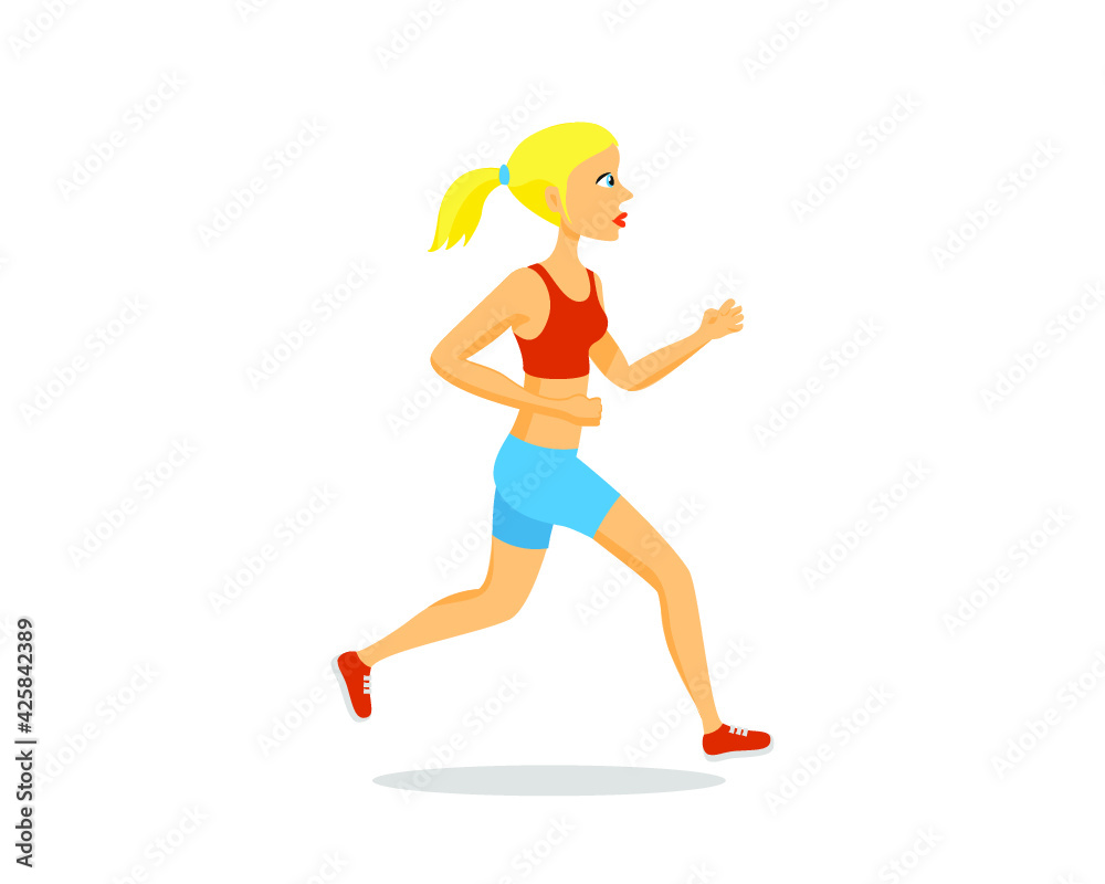 Young girl is running isolated on a white background