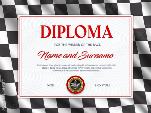 Diploma certificate race sport winner, vector template. Racing checkered flag background frame. Achievement certificate, first place award of car, kart, motorcycle racing, motocross and rally