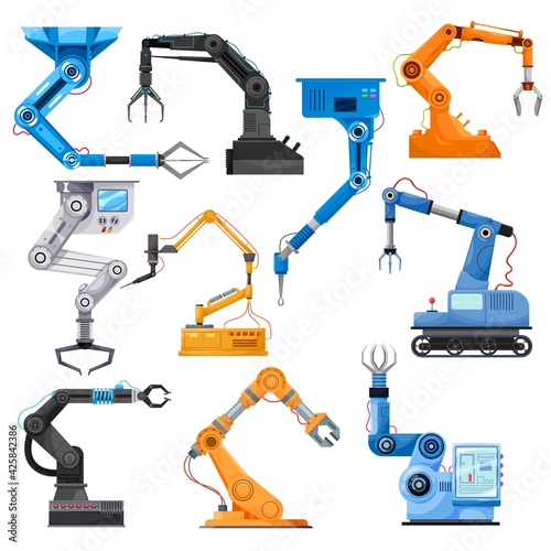 Industrial robotic arms of robot manipulator  vector. Manufacturing automation technology. Industrial articulated robots with rotary joints and mechanical hands with laser and welding torch