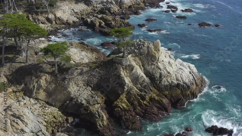 Forward Aerial Pan of Waves Crashing on the Rocky Shores of Big Sur
