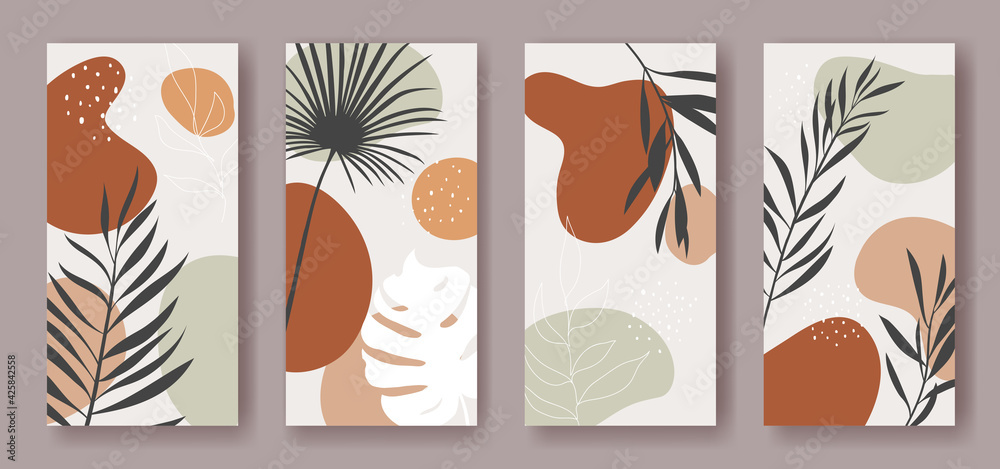 Set of vector vertical banners with abstract ornament and leaves