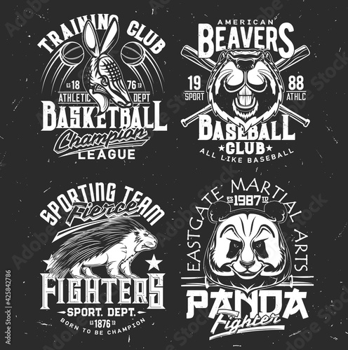 T-shirt prints armadillo, panda, beaver and porcupine vector mascots. Sport team uniform apparel design. Isolated labels with wild animals and typography, t shirt print or emblem for sport club