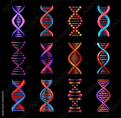 DNA helix isolated icons, vector genetics medicine and biotechnology science. Gene legacy double strands of DNA molecules, human genome evolution, gene cell and chromosome chain symbols