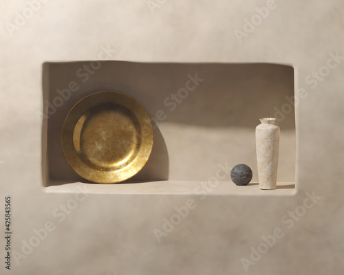 3D mock up minimalistic boho podium in mid century style. Close up of wall decor with aesthetic accessories with amphora and plate. Render scene for product presentation
