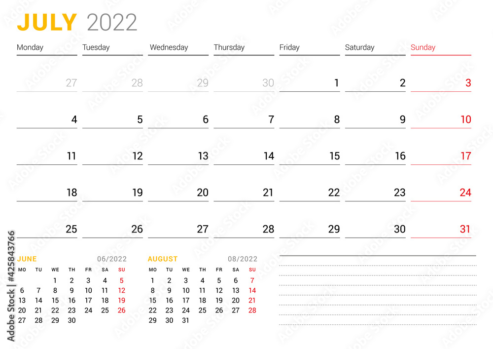 Calendar template for July 2022. Business monthly planner. Stationery design. Week starts on Monday. Calendar template for July 2022. Business monthly planner. Stationery design. Week starts on Monday.