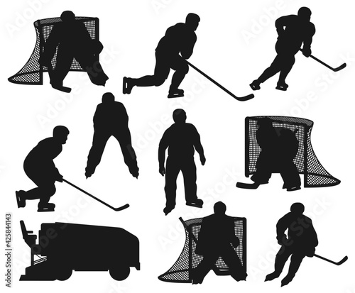 Ice hockey players black silhouettes. Vector sportsmen goalkeeper, referee and ice machine on rink arena. Isolated forward, winger and defenseman team players with puck and stick at goal gates