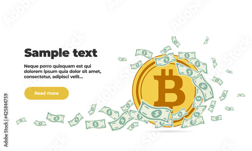 Flow stream of paper money swirling around gold coin crypto currency bitcoin banner template