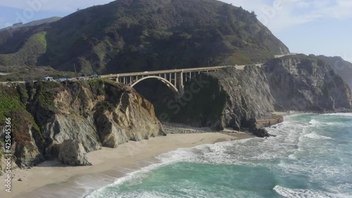 Flying Over Big Sur Beach Coast and Towards Bixby Creek Bridge on State Route 1