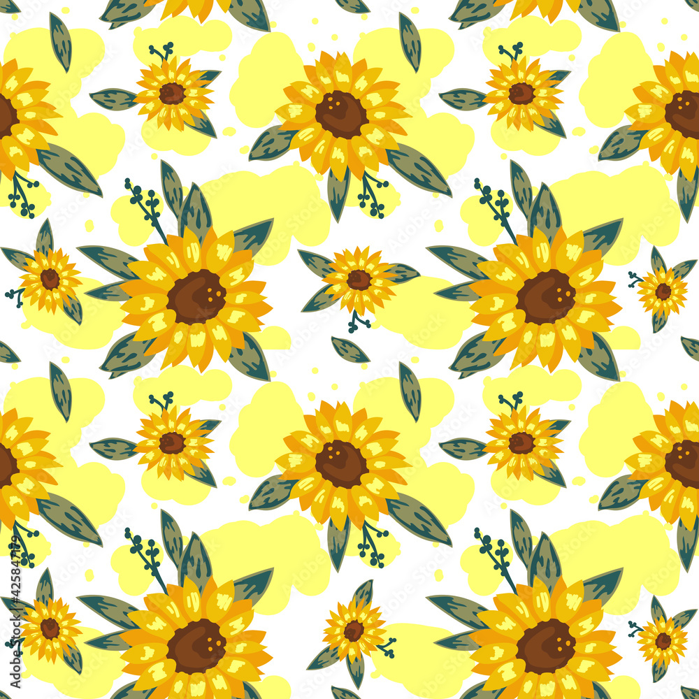 Seamless pattern of yellow flowers on a white background. Vector illustration.
