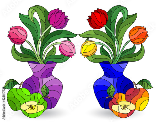 Set of illustrations in stained glass style with floral still lifes, Tulips flowers in vases isolated on a white background