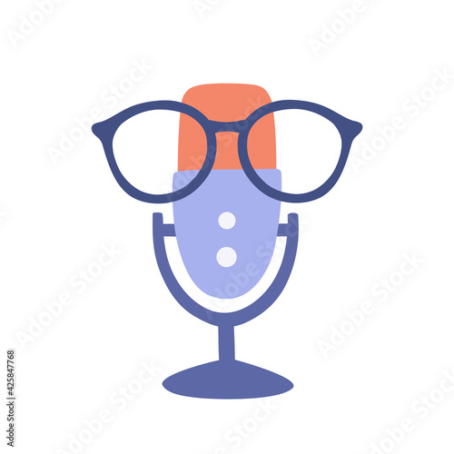Concept design for geek podcast. Logo and symbol idea for podcast show or broadcasting. Online talking. Microphone with glasses on it. Radio science show. Communication and education icon