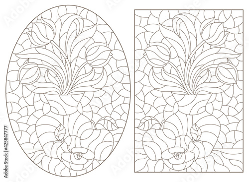 Set of contour illustrations with flower still lifes, tulips in vases and fruit, dark outlines on a white background © Zagory